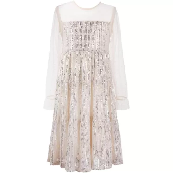 Girls Sequin Dress with Mesh Long Sleeves Sparkling Graduation Party Tulle DressChampagne