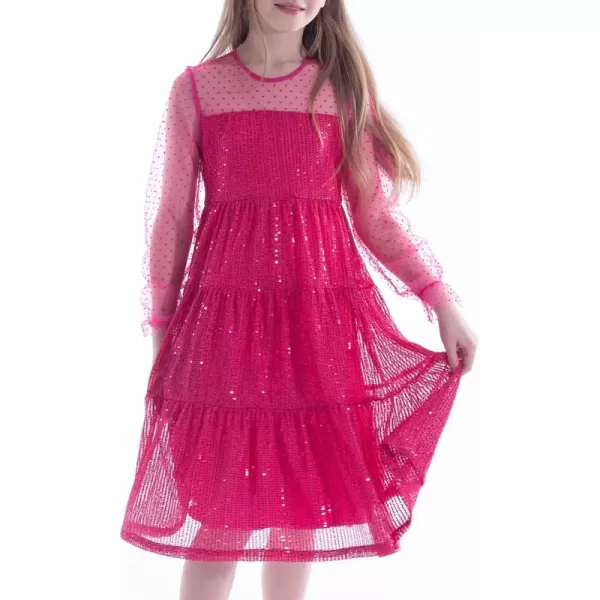 Girls Sequin Dress with Mesh Long Sleeves Sparkling Graduation Party Tulle DressHot Pink