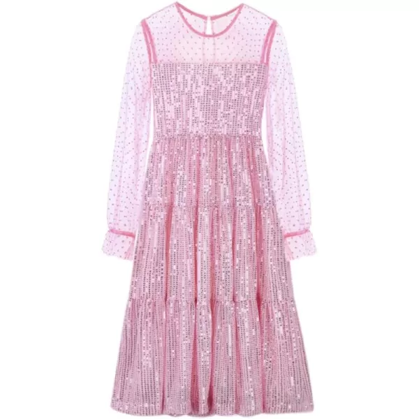 Girls Sequin Dress with Mesh Long Sleeves Sparkling Graduation Party Tulle DressPink