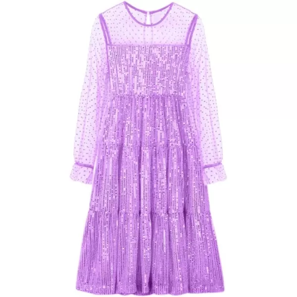Girls Sequin Dress with Mesh Long Sleeves Sparkling Graduation Party Tulle DressPurple