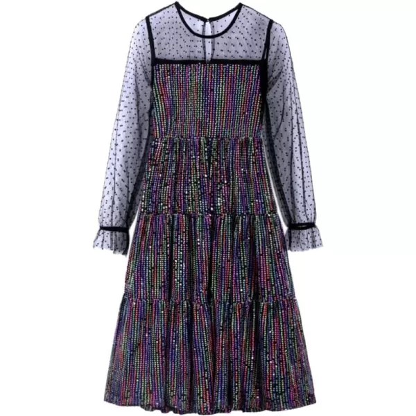 Girls Sequin Dress with Mesh Long Sleeves Sparkling Graduation Party Tulle DressRainbow