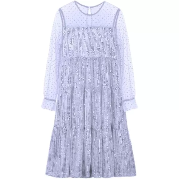 Girls Sequin Dress with Mesh Long Sleeves Sparkling Graduation Party Tulle DressSilver