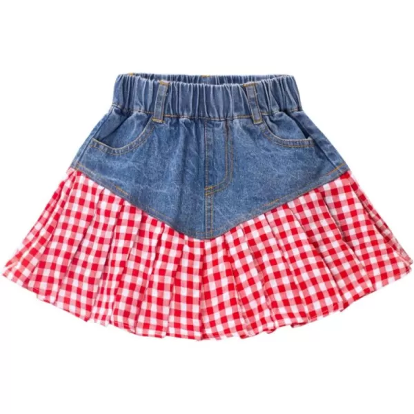 WELAKEN Jean Skirt for Girls Toddler ampamp Kids II Girls Elastic Waist A Line Mini Denim SkirtsBlue red Plaid