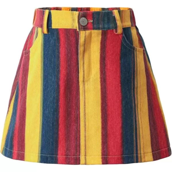 WELAKEN Jean Skirt for Girls Toddler ampamp Kids II Girls Elastic Waist A Line Mini Denim SkirtsYellow striped