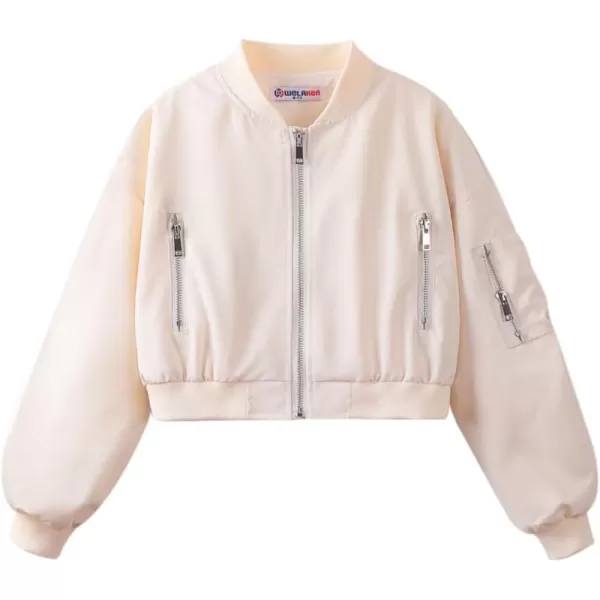 WELAKEN Lightweight Multiple Pockets Zip Up Bomber Jacket for Girls Toddler ampamp Kids II Little Girls Casual Flight Crop JacketFlight beige