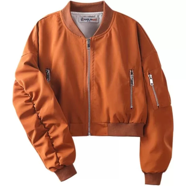 WELAKEN Lightweight Multiple Pockets Zip Up Bomber Jacket for Girls Toddler ampamp Kids II Little Girls Casual Flight Crop JacketFlight orangish Brown