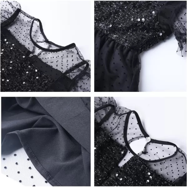 Girls Sequin Mesh Dress Glitter Short Sleeve Party Birthday Tulle Dress 512YBlack