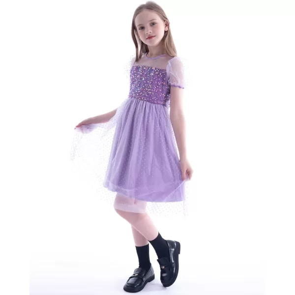 Girls Sequin Mesh Dress Glitter Short Sleeve Party Birthday Tulle Dress 512YPurple