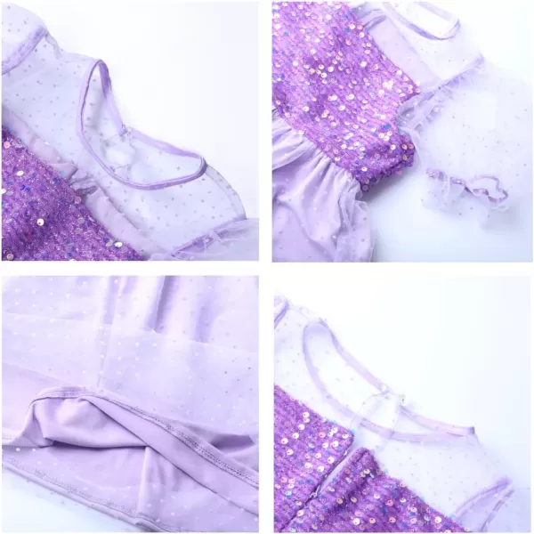Girls Sequin Mesh Dress Glitter Short Sleeve Party Birthday Tulle Dress 512YPurple