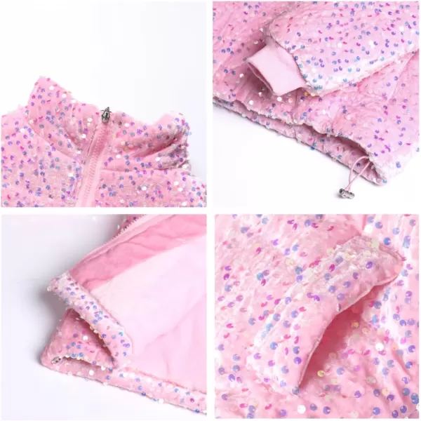 WELAKEN Girls Sequin Quilted Jacket Sparkly Warm Sherpa Fleece Lined Cotton CoatPink