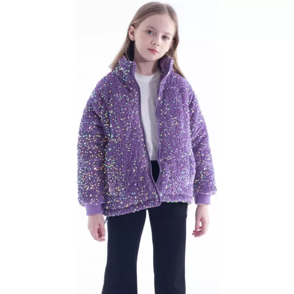 WELAKEN Girls Sequin Quilted Jacket Sparkly Warm Sherpa Fleece Lined Cotton CoatPurple