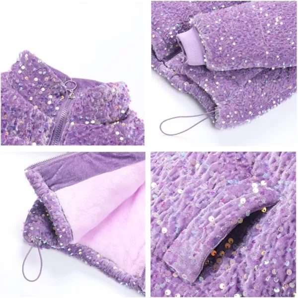 WELAKEN Girls Sequin Quilted Jacket Sparkly Warm Sherpa Fleece Lined Cotton CoatPurple