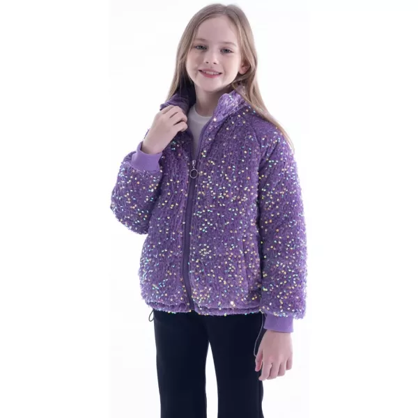WELAKEN Girls Sequin Quilted Jacket Sparkly Warm Sherpa Fleece Lined Cotton CoatPurple