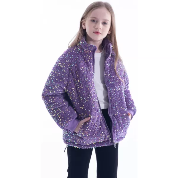 WELAKEN Girls Sequin Quilted Jacket Sparkly Warm Sherpa Fleece Lined Cotton CoatPurple