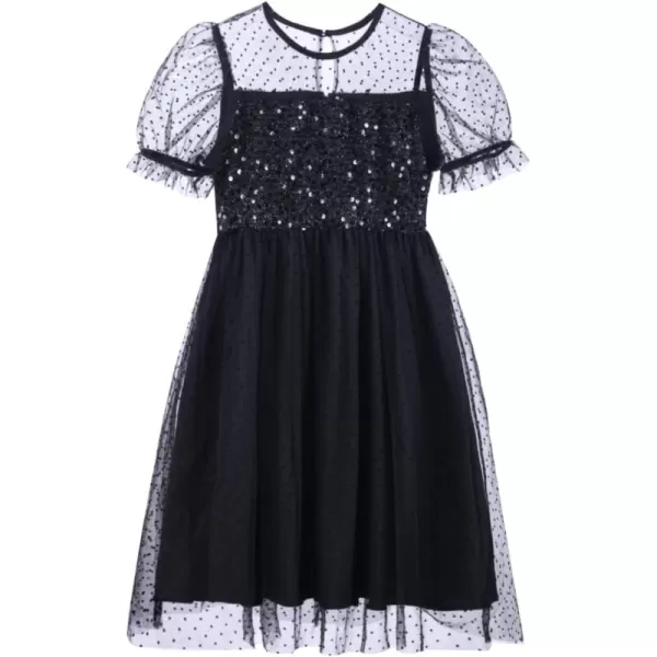 Girls Sequin Mesh Dress Glitter Short Sleeve Party Birthday Tulle Dress 512YBlack