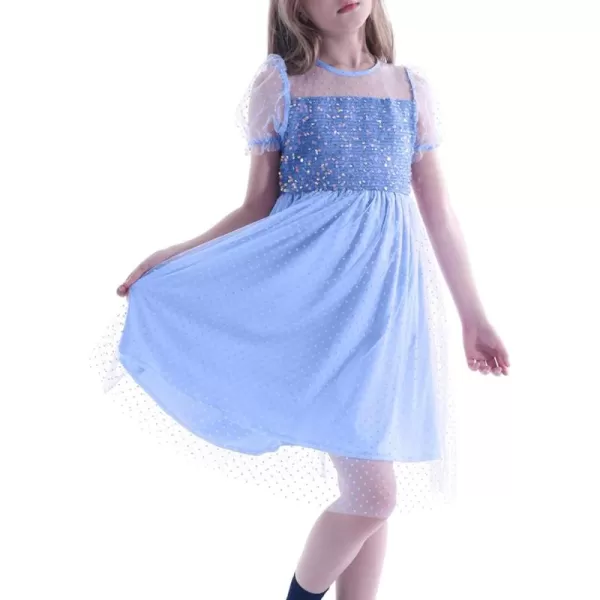 Girls Sequin Mesh Dress Glitter Short Sleeve Party Birthday Tulle Dress 512YBlue