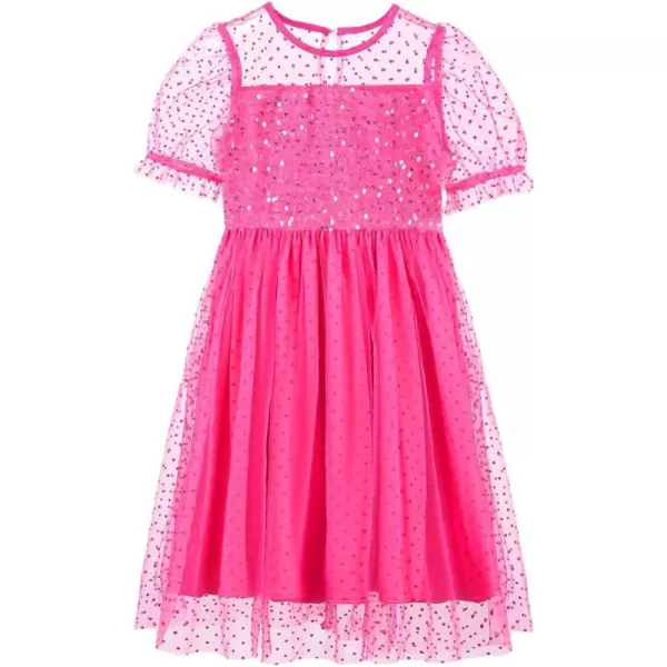 Girls Sequin Mesh Dress Glitter Short Sleeve Party Birthday Tulle Dress 512YHot Pink