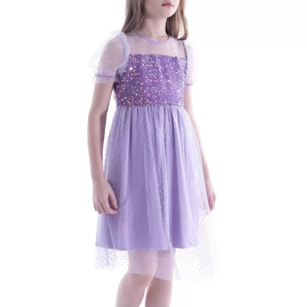 Girls Sequin Mesh Dress Glitter Short Sleeve Party Birthday Tulle Dress 512YPurple