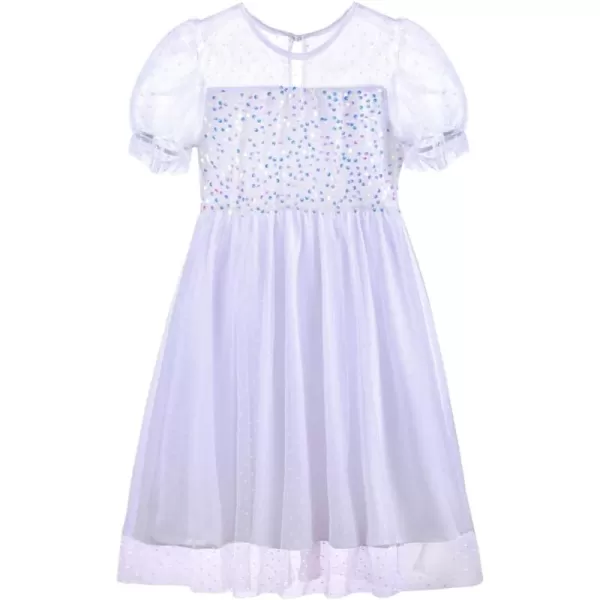 Girls Sequin Mesh Dress Glitter Short Sleeve Party Birthday Tulle Dress 512YWhite