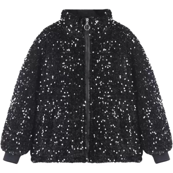WELAKEN Girls Sequin Quilted Jacket Sparkly Warm Sherpa Fleece Lined Cotton CoatBlack