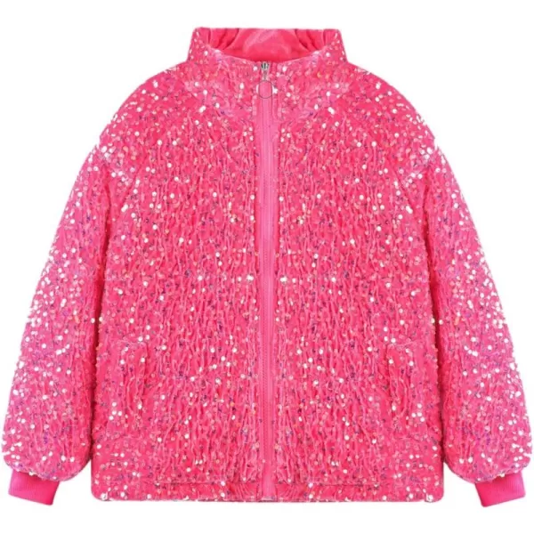 WELAKEN Girls Sequin Quilted Jacket Sparkly Warm Sherpa Fleece Lined Cotton CoatHot Pink