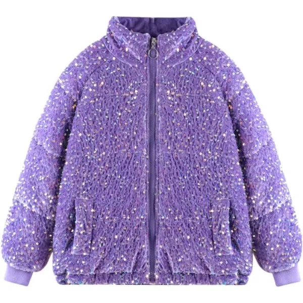 WELAKEN Girls Sequin Quilted Jacket Sparkly Warm Sherpa Fleece Lined Cotton CoatPurple