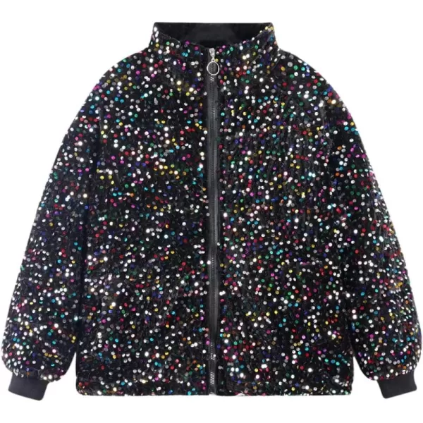 WELAKEN Girls Sequin Quilted Jacket Sparkly Warm Sherpa Fleece Lined Cotton CoatRainbow