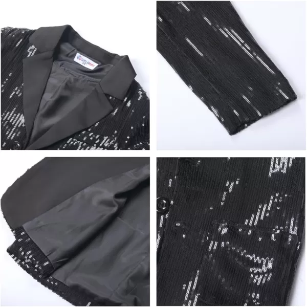 WELAKEN Girls Sequin Blazers Jacket Long Sleeve Notched Lapel Button Down Suit Coat with PocketsBlack