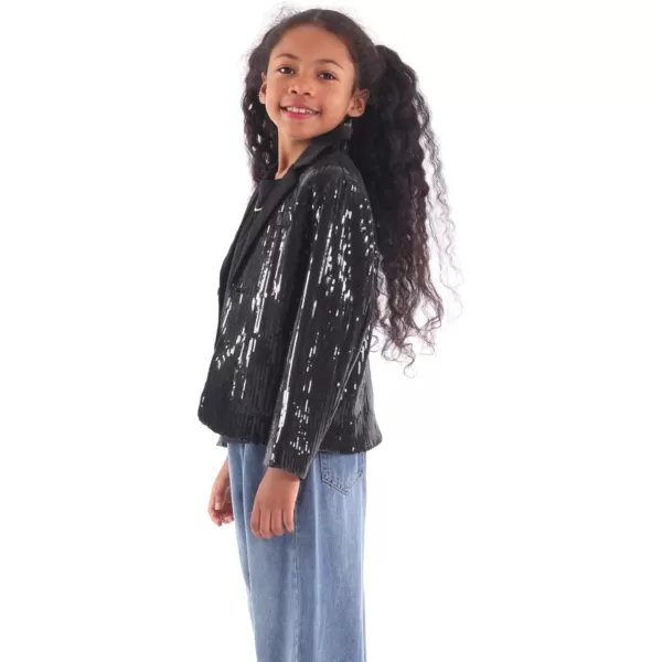 WELAKEN Girls Sequin Blazers Jacket Long Sleeve Notched Lapel Button Down Suit Coat with PocketsBlack