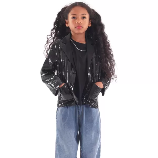 WELAKEN Girls Sequin Blazers Jacket Long Sleeve Notched Lapel Button Down Suit Coat with PocketsBlack