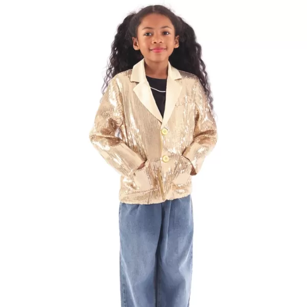 WELAKEN Girls Sequin Blazers Jacket Long Sleeve Notched Lapel Button Down Suit Coat with PocketsGold