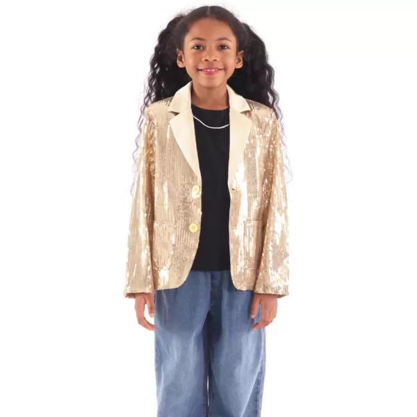 WELAKEN Girls Sequin Blazers Jacket Long Sleeve Notched Lapel Button Down Suit Coat with PocketsGold