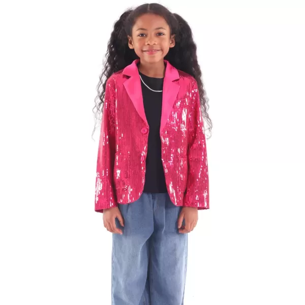 WELAKEN Girls Sequin Blazers Jacket Long Sleeve Notched Lapel Button Down Suit Coat with PocketsHot Pink