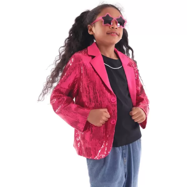 WELAKEN Girls Sequin Blazers Jacket Long Sleeve Notched Lapel Button Down Suit Coat with PocketsHot Pink