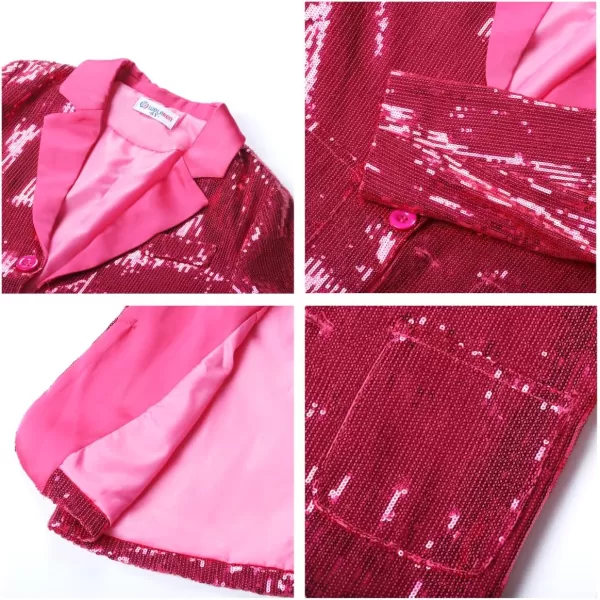 WELAKEN Girls Sequin Blazers Jacket Long Sleeve Notched Lapel Button Down Suit Coat with PocketsHot Pink