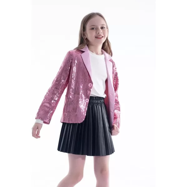 WELAKEN Girls Sequin Blazers Jacket Long Sleeve Notched Lapel Button Down Suit Coat with PocketsPink
