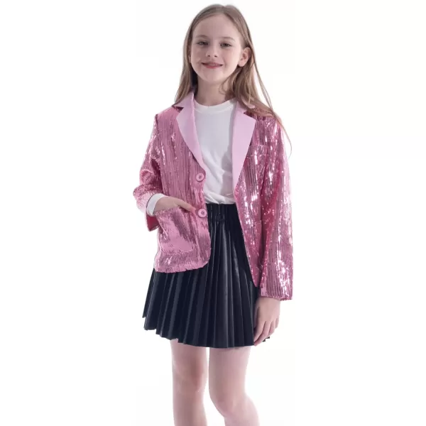 WELAKEN Girls Sequin Blazers Jacket Long Sleeve Notched Lapel Button Down Suit Coat with PocketsPink