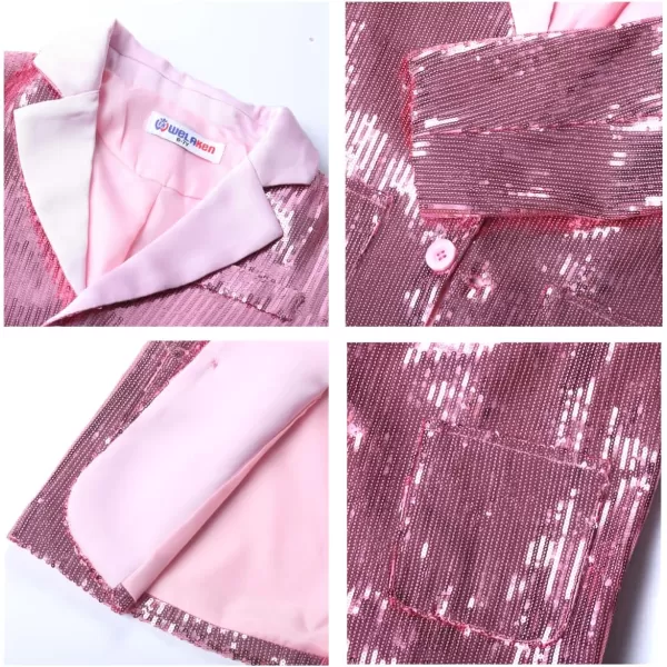 WELAKEN Girls Sequin Blazers Jacket Long Sleeve Notched Lapel Button Down Suit Coat with PocketsPink