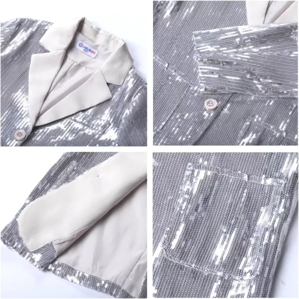 WELAKEN Girls Sequin Blazers Jacket Long Sleeve Notched Lapel Button Down Suit Coat with PocketsSilver