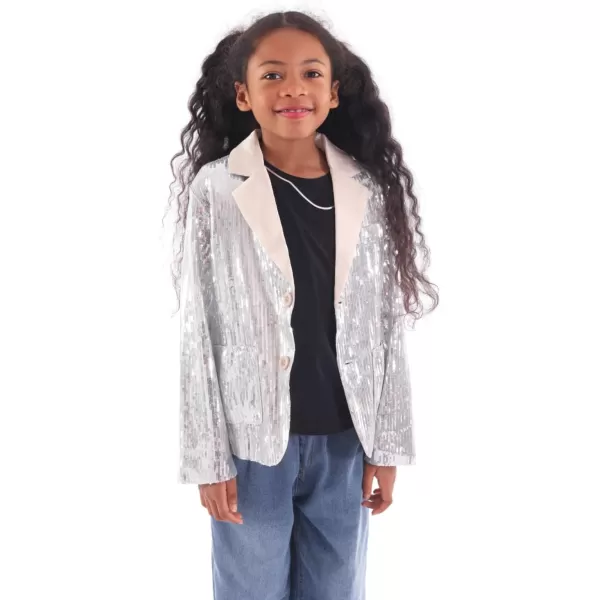 WELAKEN Girls Sequin Blazers Jacket Long Sleeve Notched Lapel Button Down Suit Coat with PocketsSilver