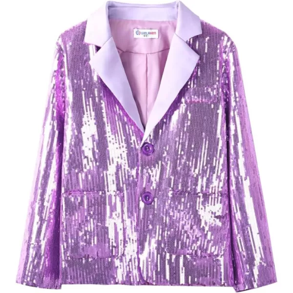 WELAKEN Girls Sequin Blazers Jacket Long Sleeve Notched Lapel Button Down Suit Coat with PocketsPurple