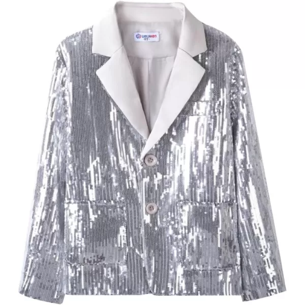 WELAKEN Girls Sequin Blazers Jacket Long Sleeve Notched Lapel Button Down Suit Coat with PocketsSilver