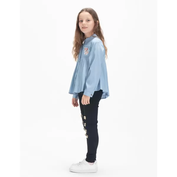 Girls Unicorn Shirts with Pleated Hem DesignImitation Denim FabricComfy Tops for Toddler ampamp KidsSteel Teal Blue
