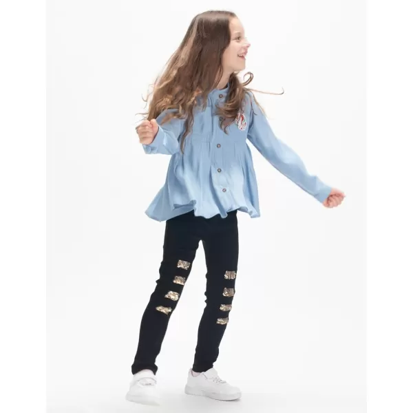 Girls Unicorn Shirts with Pleated Hem DesignImitation Denim FabricComfy Tops for Toddler ampamp KidsSteel Teal Blue