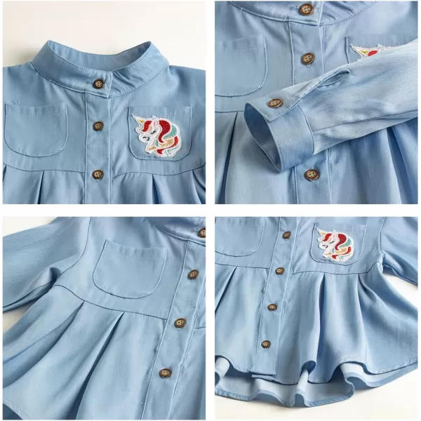 Girls Unicorn Shirts with Pleated Hem DesignImitation Denim FabricComfy Tops for Toddler ampamp KidsSteel Teal Blue