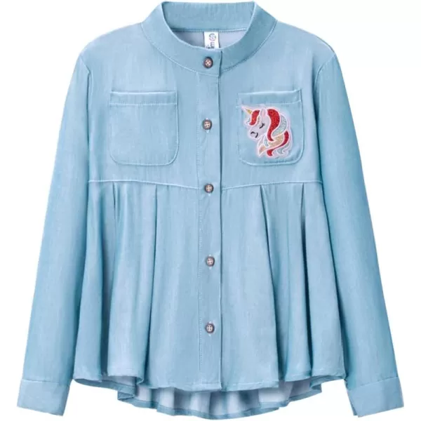 Girls Unicorn Shirts with Pleated Hem DesignImitation Denim FabricComfy Tops for Toddler ampamp KidsSteel Teal Blue