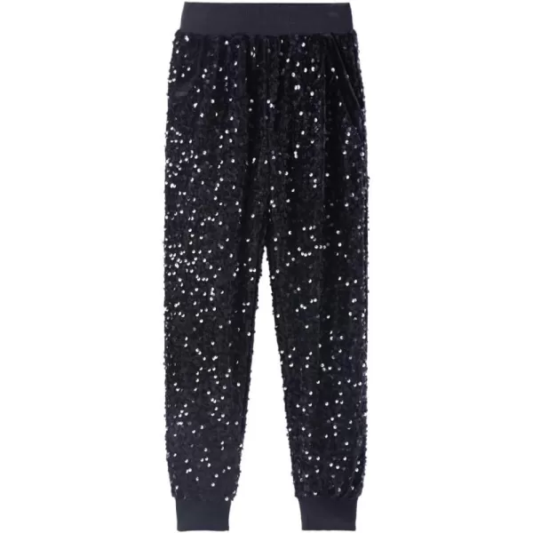 WELAKEN Girls Sequin Sweatpants Kid Sparkle Elastic Waist Dance Party Pants with LiningBlack