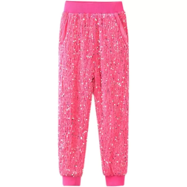WELAKEN Girls Sequin Sweatpants Kid Sparkle Elastic Waist Dance Party Pants with LiningHot Pink