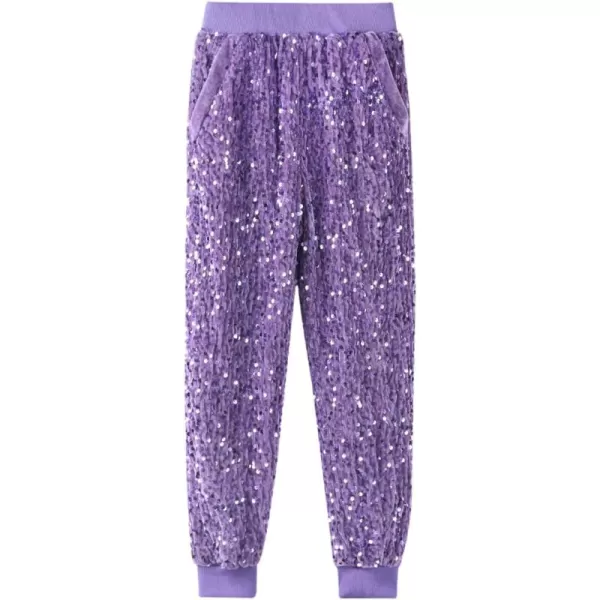 WELAKEN Girls Sequin Sweatpants Kid Sparkle Elastic Waist Dance Party Pants with LiningPurple