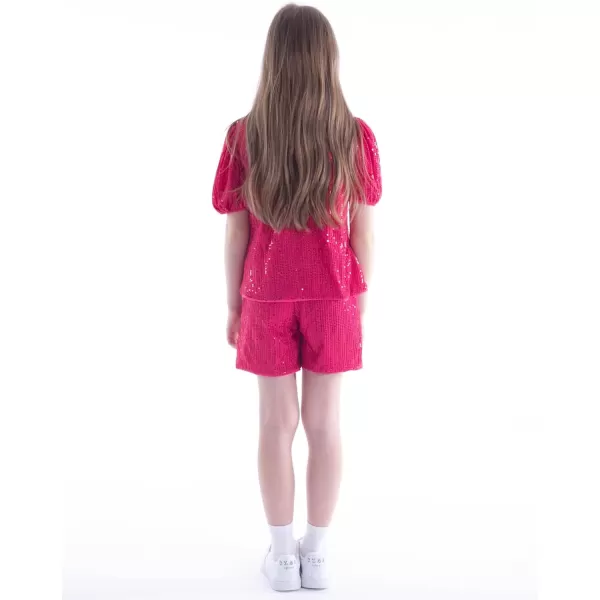 WELAKEN Girls 2 Piece Sequin Summer Outfits Kid Toddler Puff Sleeves Top and Shorts Set with PocketsHot Pink